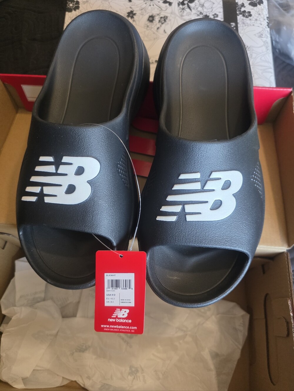 New Balance Black Slide Sandals with White Logo
